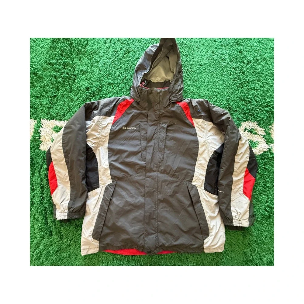 Columbia Interchange Jacket Mens L Grey Red Excellent Omni-Tech Waterproof Shell